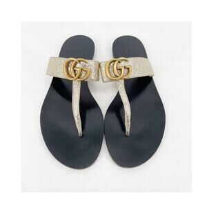 Gucci Gold Metallic Marmont GG Double G Thong Flip Flop Flat Sandals EU 38.5